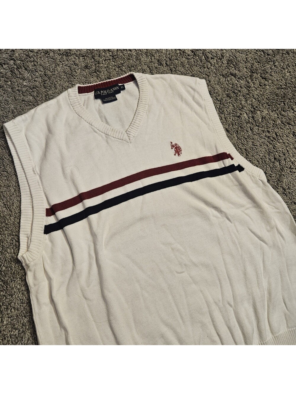 U.S. Polo Assn. Men's XL White V-Neck Striped Cotton Knit Sweater Vest